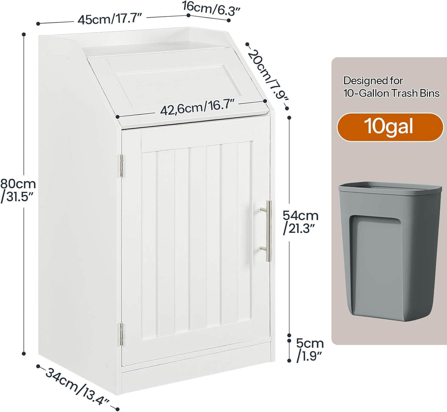 White cabinet with dimensions labeled and a 10-gallon trash bin on the right.