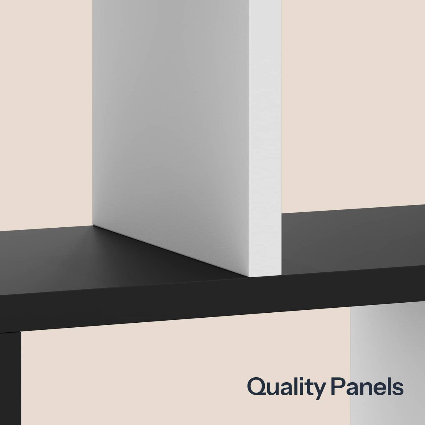 Close-up detail view of the black and white geometric floating shelf showcasing its thick, high-quality wooden panels and smooth finish.