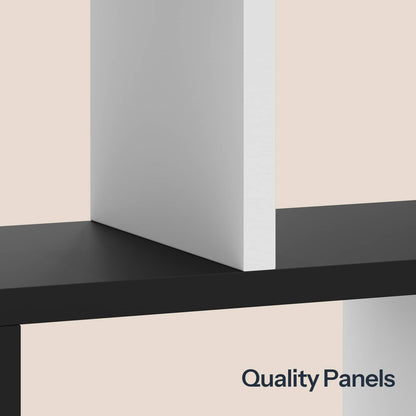 Close-up detail view of the black and white geometric floating shelf showcasing its thick, high-quality wooden panels and smooth finish.