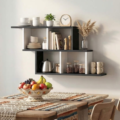 Asymmetric floating wall shelf styled above a grey living room sofa and dining table setup.