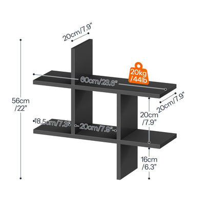 Size dimensions diagram and load weight capacity icons for one black geometric intersecting shelf.