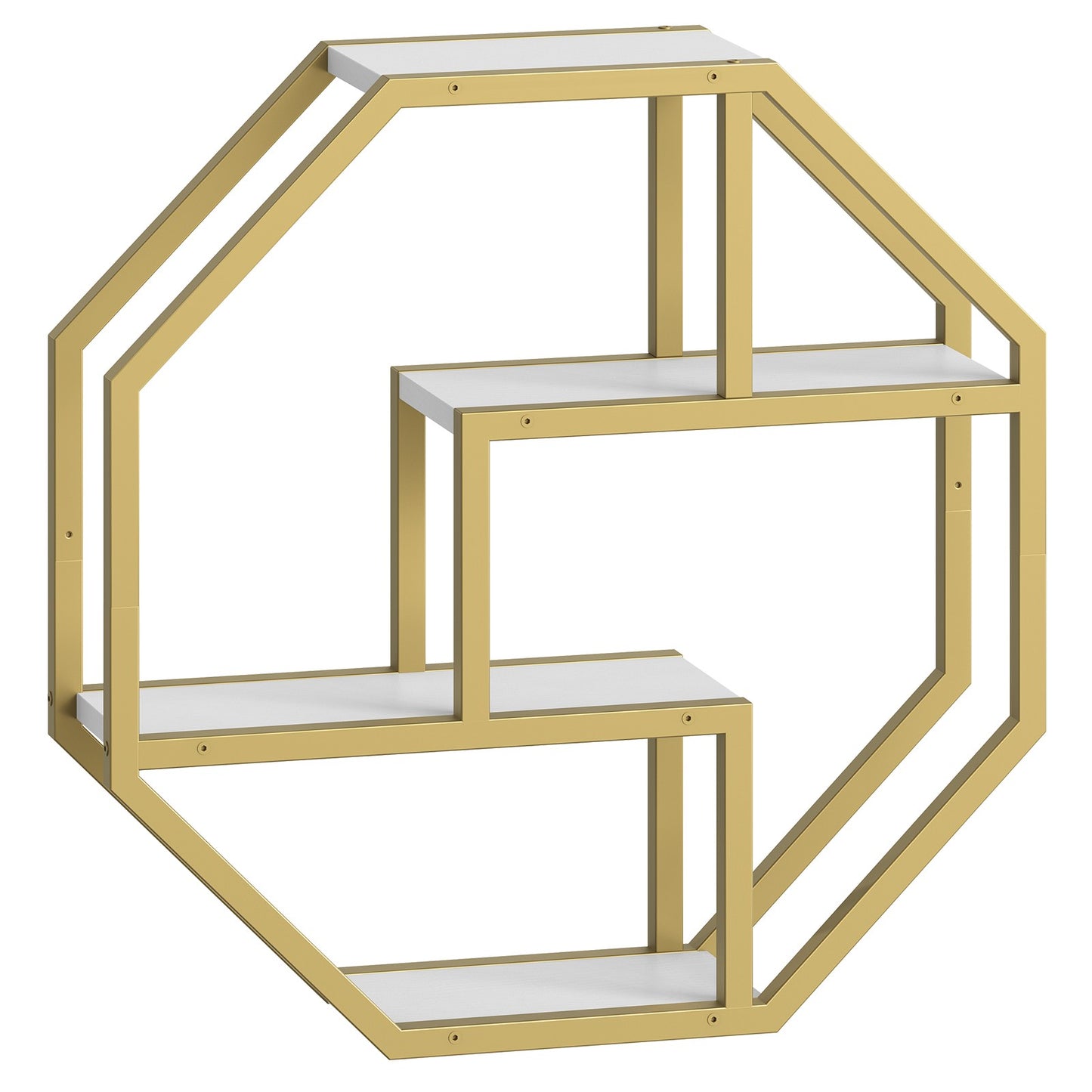 Isolated front view of the empty geometric octagon wall mounted display rack with gold frame.