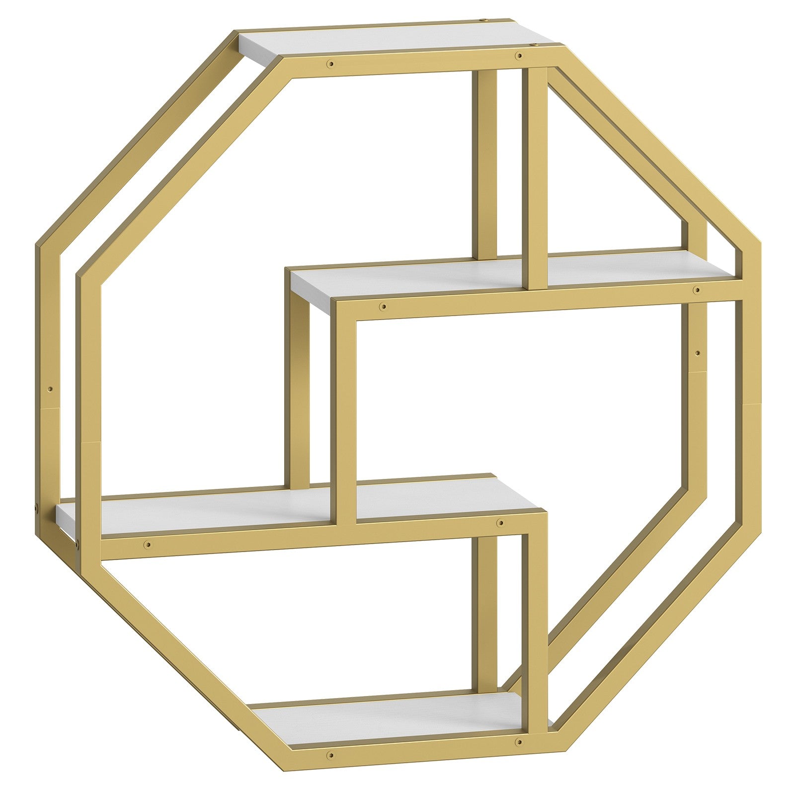 Isolated front view of the empty geometric octagon wall mounted display rack with gold frame.