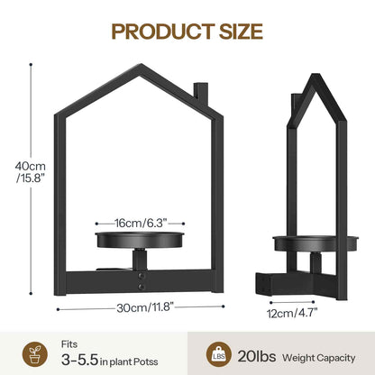 Detailed size chart showing dimensions and weight capacity of the house-shaped metal wall planter shelf.