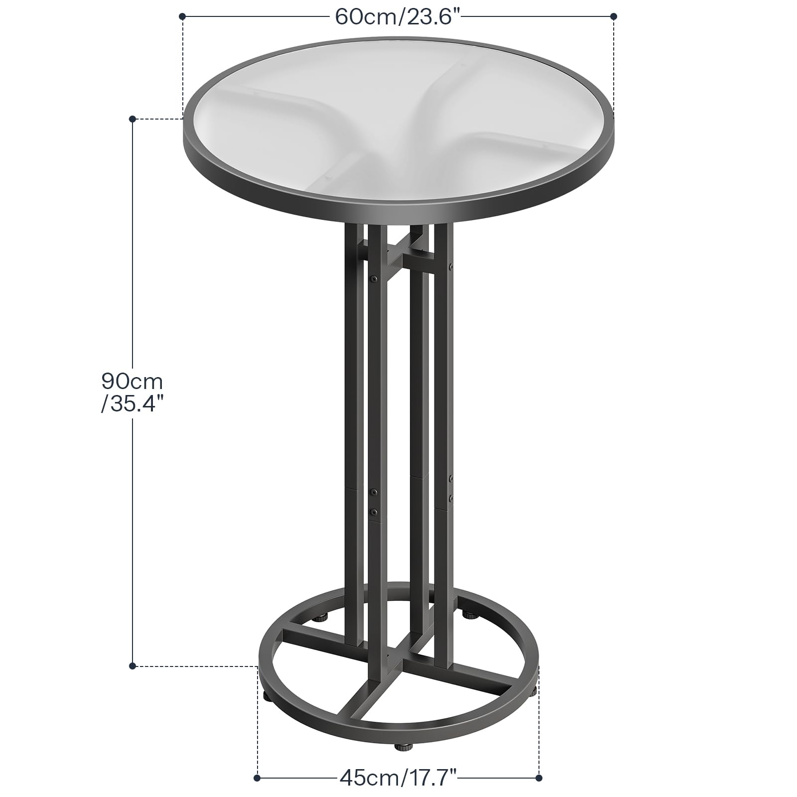Detailed dimensions and height specifications chart of HOOBRO glass round bar table with circular base.