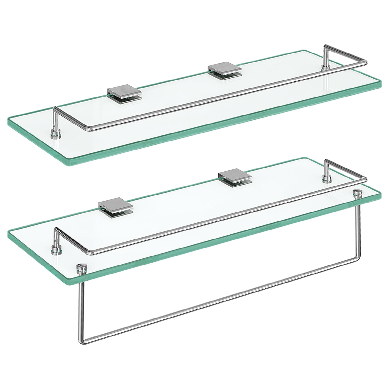 Two glass shelves with metal brackets on a white background