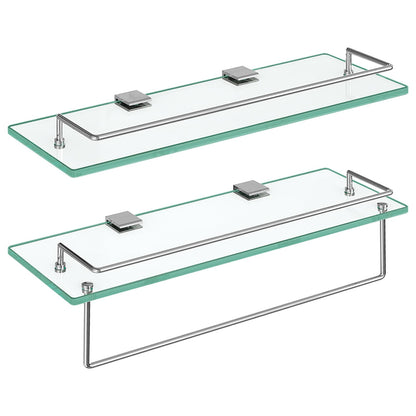 Two glass shelves with metal brackets on a white background