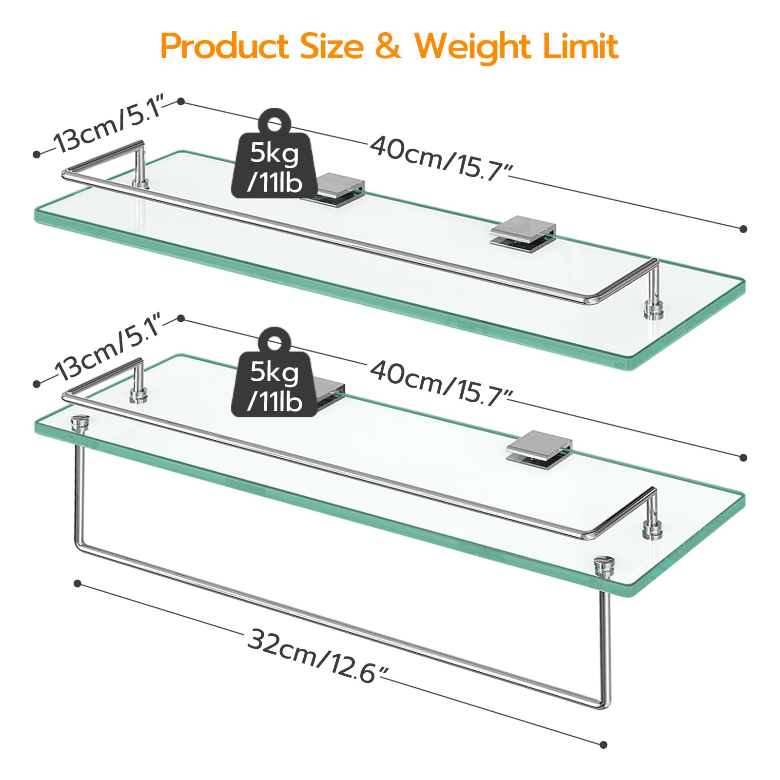 Glass shelves with metal brackets and dimensions on a white background