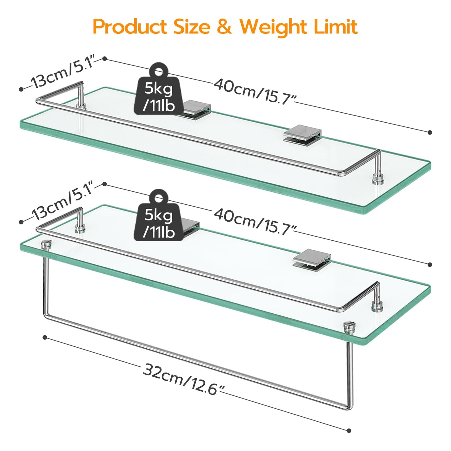 Glass shelves with metal brackets and dimensions on a white background