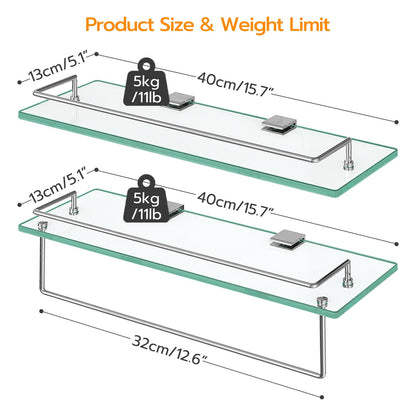 Glass shelves with metal brackets and dimensions on a white background