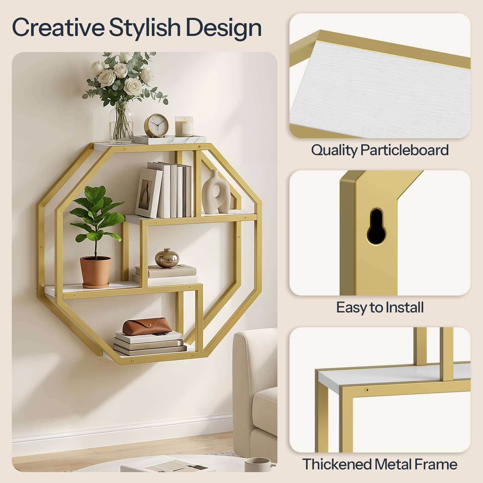 Three-panel close-up highlighting the quality wood board, easy-to-install hidden keyhole bracket, and gold metal frame.
