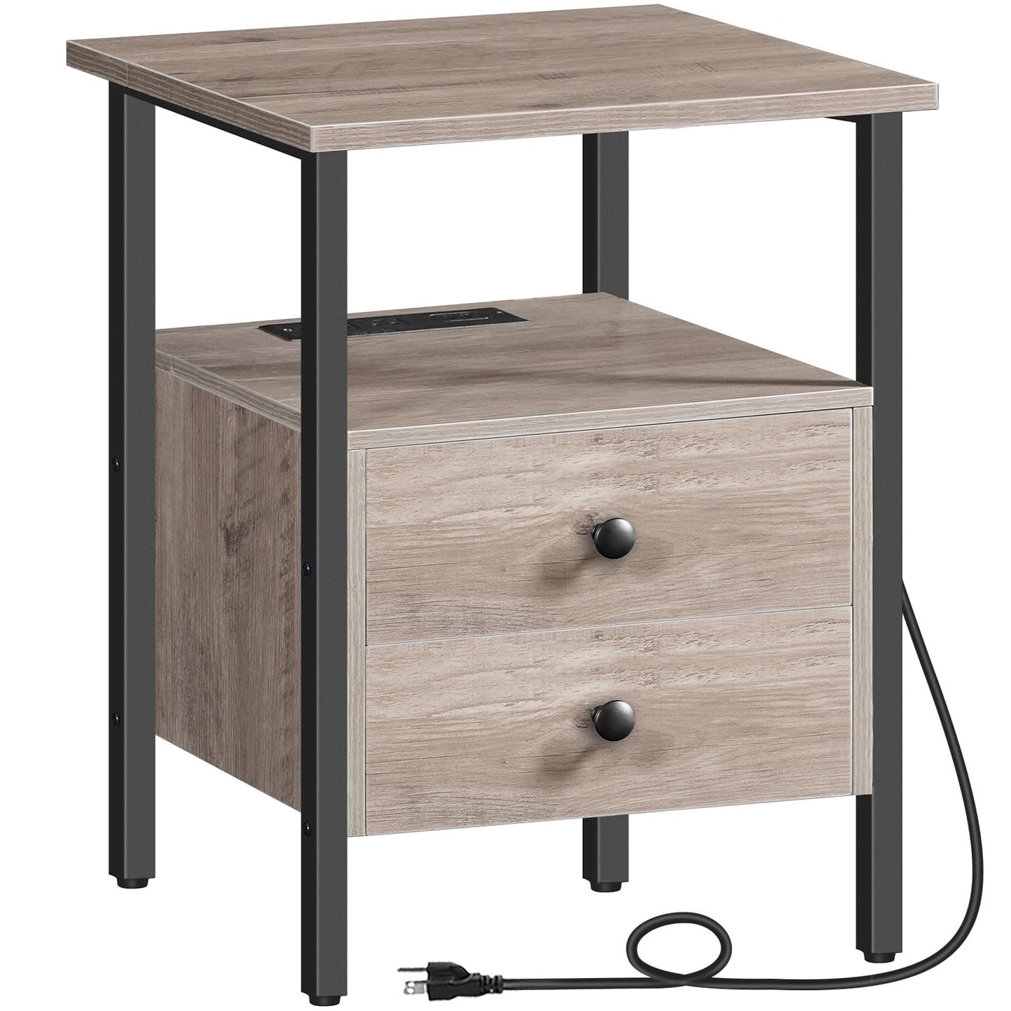 Greige 2-drawer nightstand with integrated black power strip and iron legs