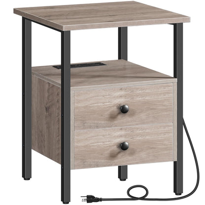 Greige 2-drawer nightstand with integrated black power strip and iron legs