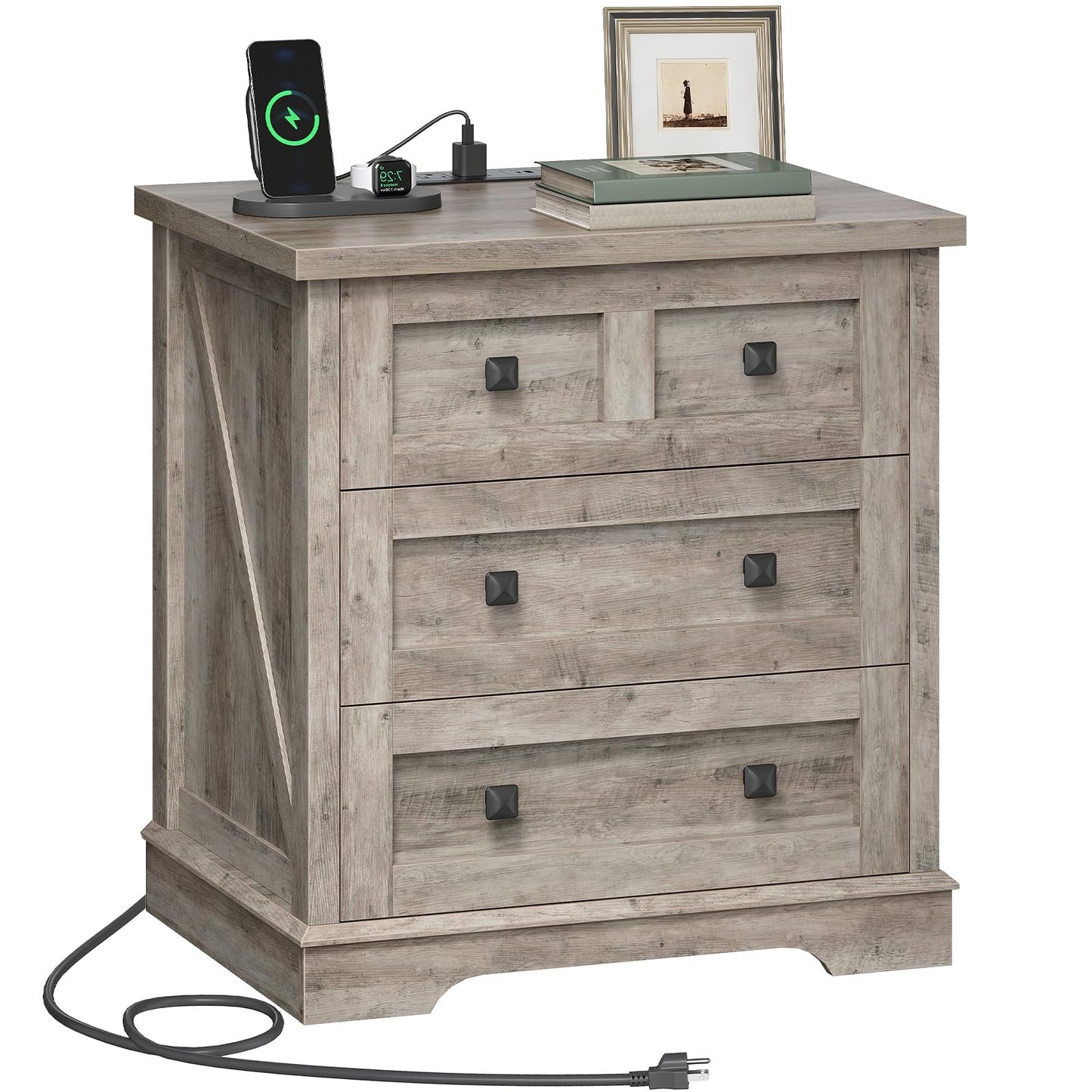 Greige 3-drawer nightstand with an open flip top tabletop compartment revealing built-in outlets on a white background.