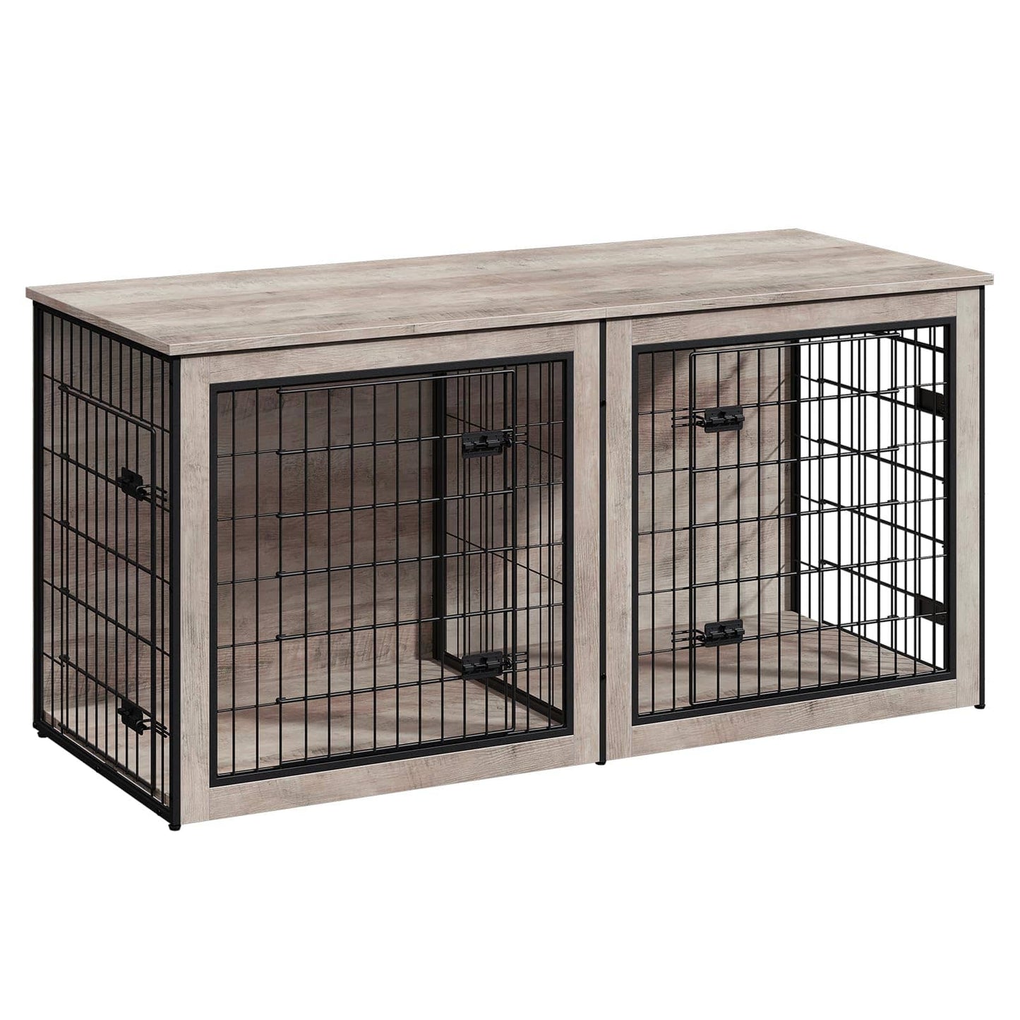 A two-bay pet crate bed with a light gray wood-look top and base, combined with black metal wire cribs and doors, shown on a plain white background.