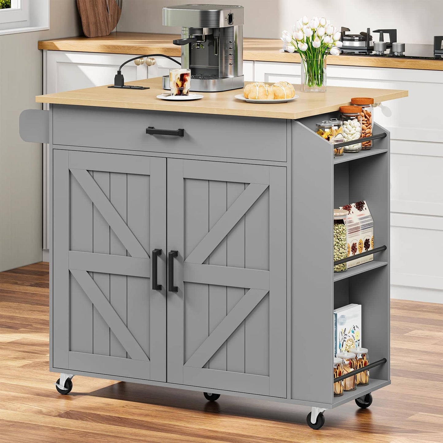 Gray kitchen island with wooden top in a kitchen setting