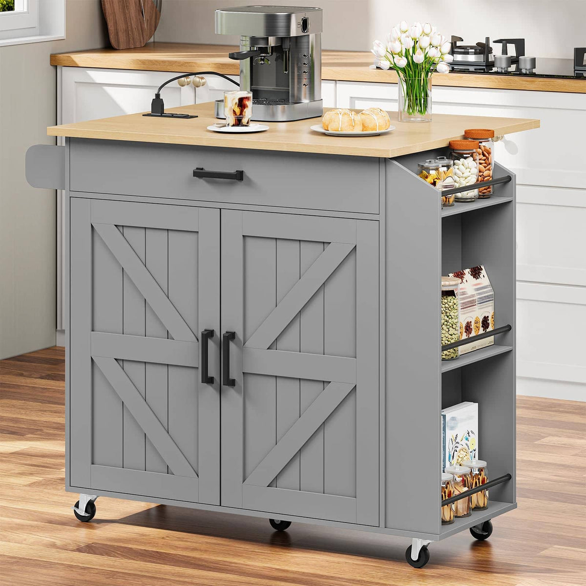 Gray kitchen island with wooden top in a kitchen setting