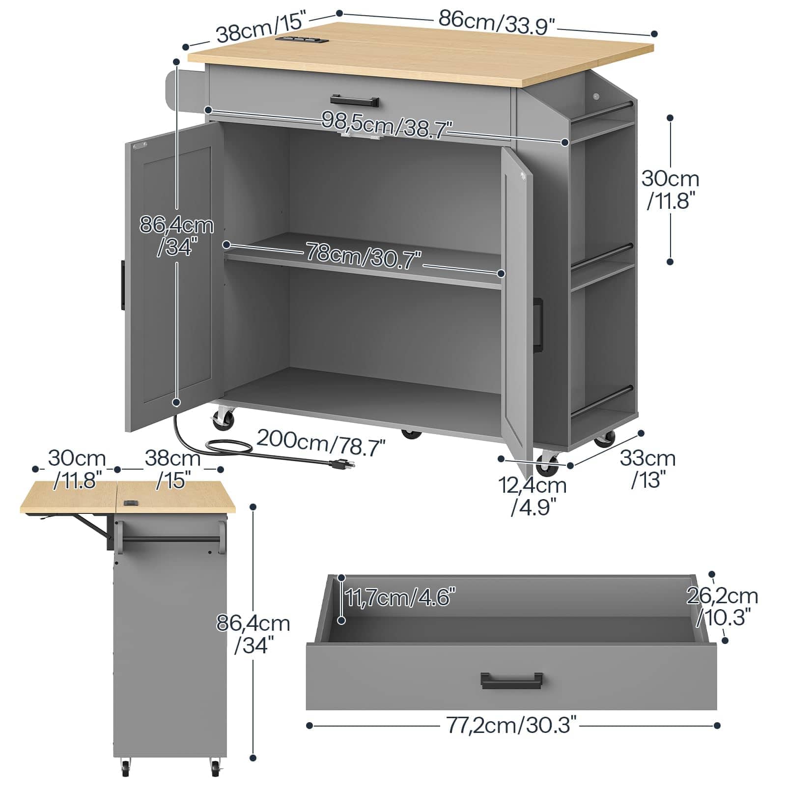 Gray utility cart with a light wood top, shown with dimension callouts and multiple views including closed side view, open cabinet view, and drawer view on a white background.