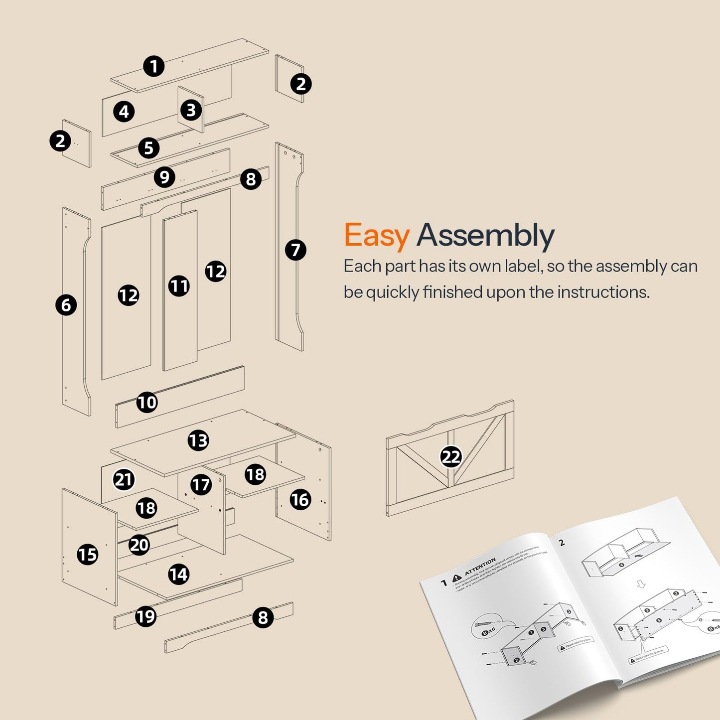 Exploded technical diagram detailing the white hall tree furniture parts, labeled screws, and illustrated instruction manual.