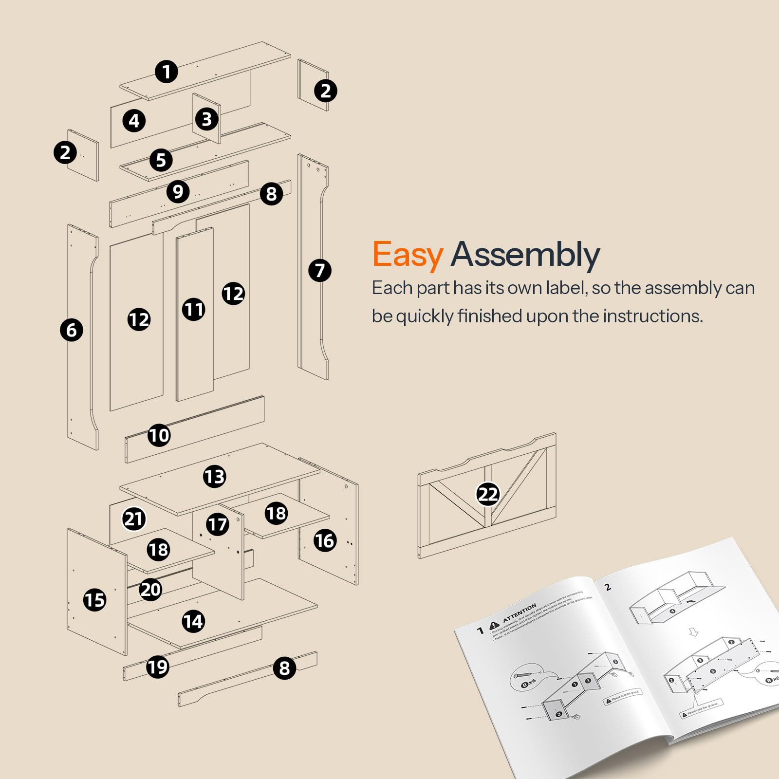 Exploded technical diagram detailing the white hall tree furniture parts, labeled screws, and illustrated instruction manual.