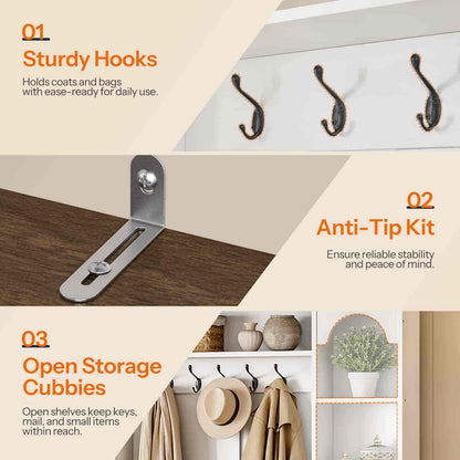 Product features of a wall-mounted storage unit with hooks, anti-tip kit, and open shelves.
