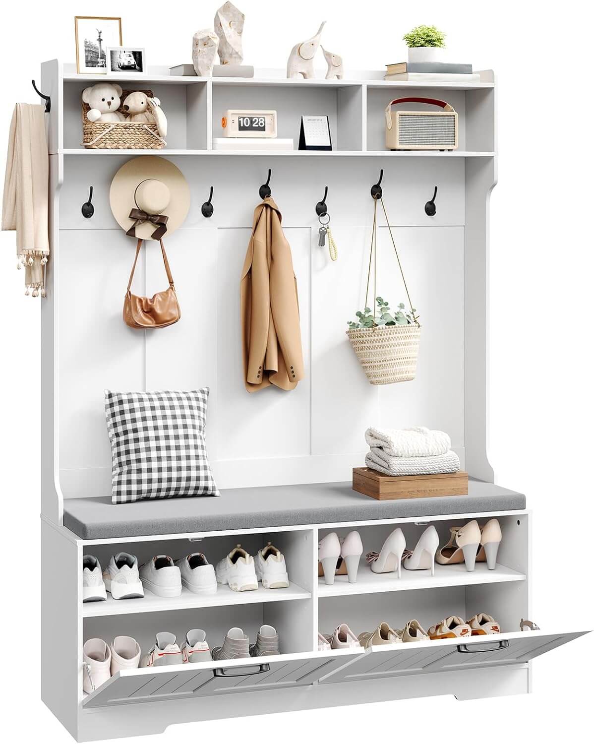 White shoe storage cabinet with shelves and hooks, displaying various items.
