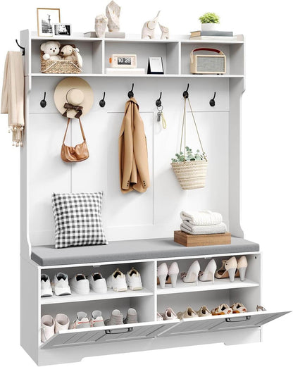 White shoe storage cabinet with shelves and hooks, displaying various items.