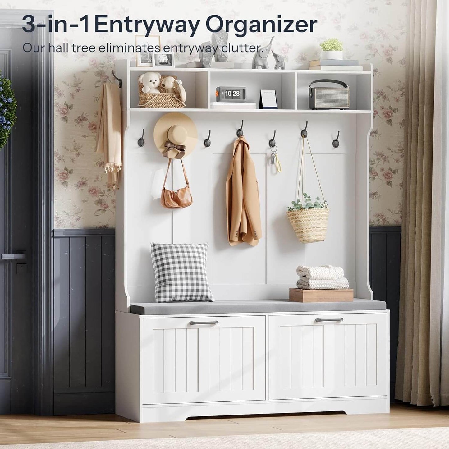 3-in-1 Entryway Organizer with storage bench, hooks, and shelves in a hallway setting.