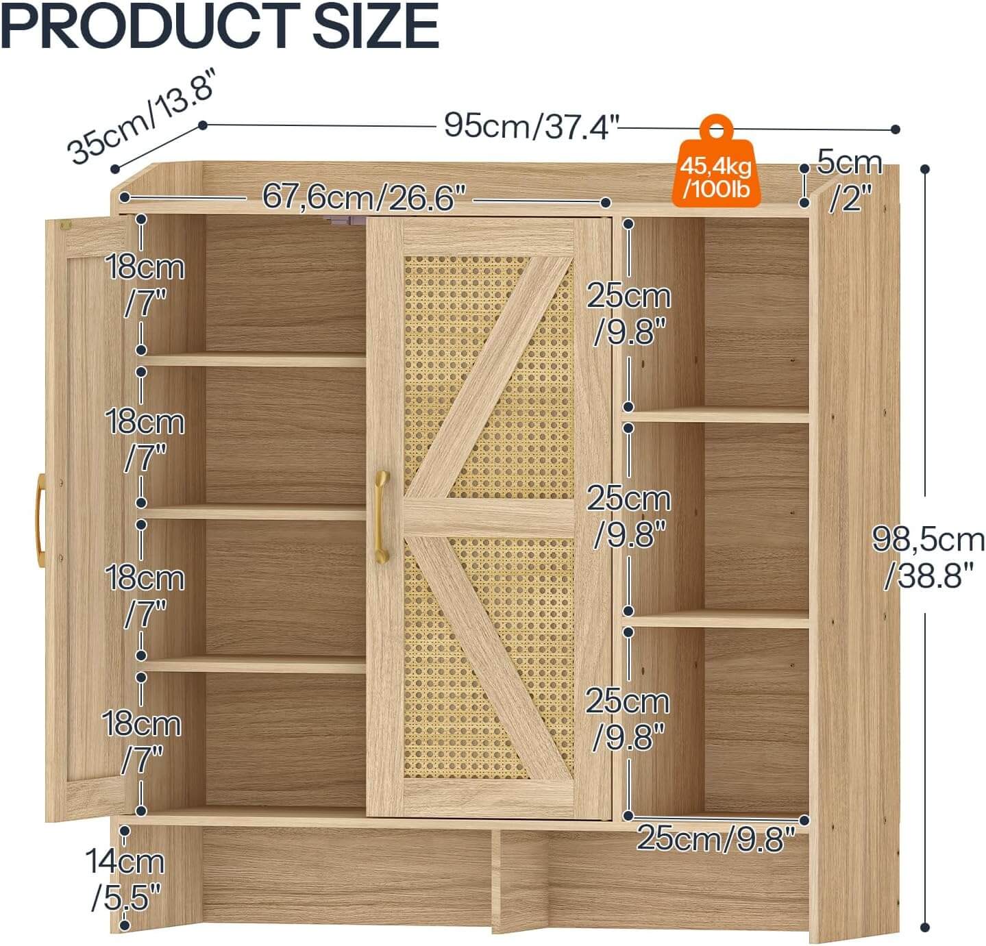 Wooden wardrobe with measurements labeled on a white background