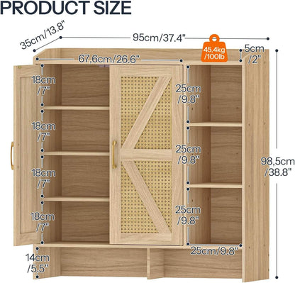 Wooden wardrobe with measurements labeled on a white background