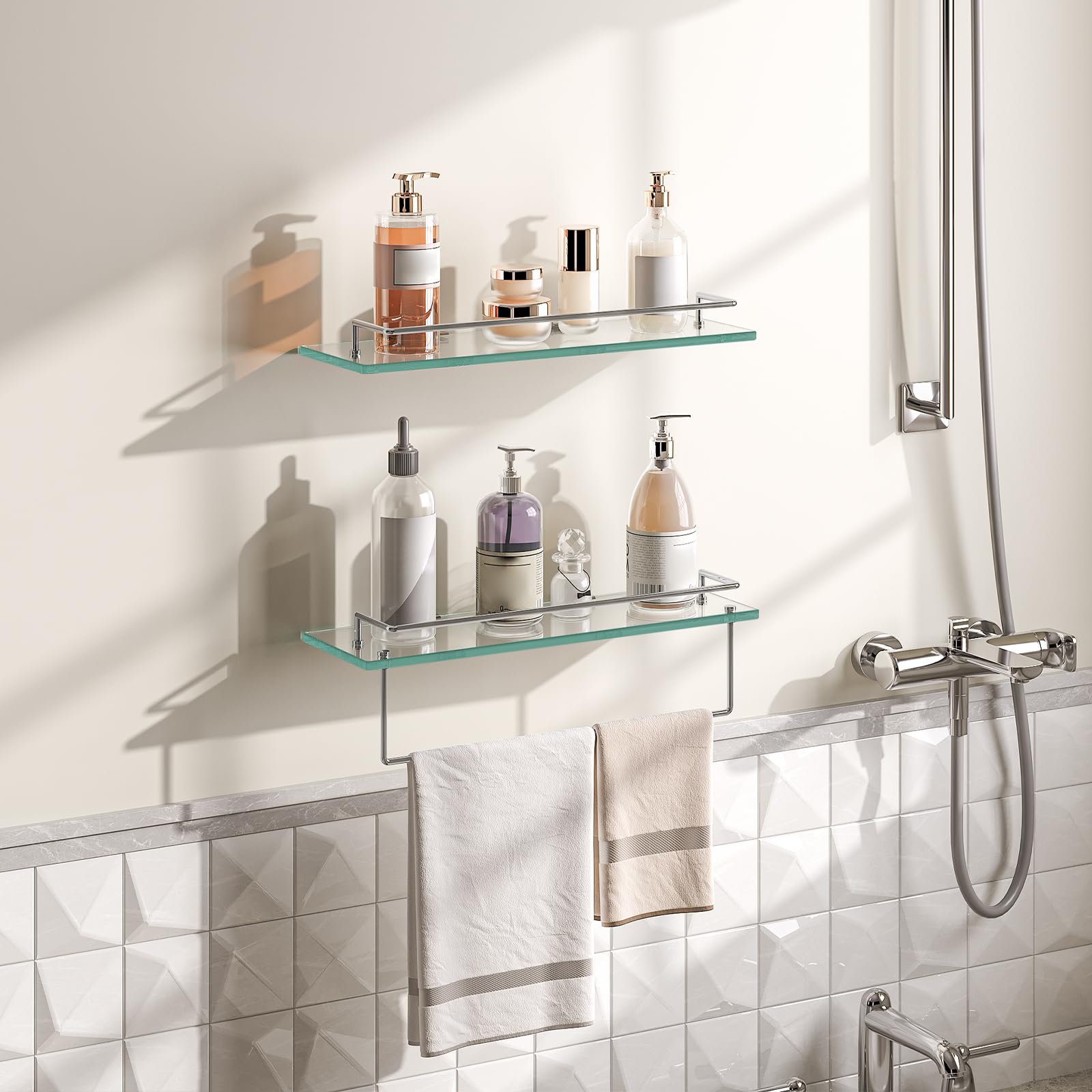 Bathroom setting with glass shelves, toiletries, and a shower area.