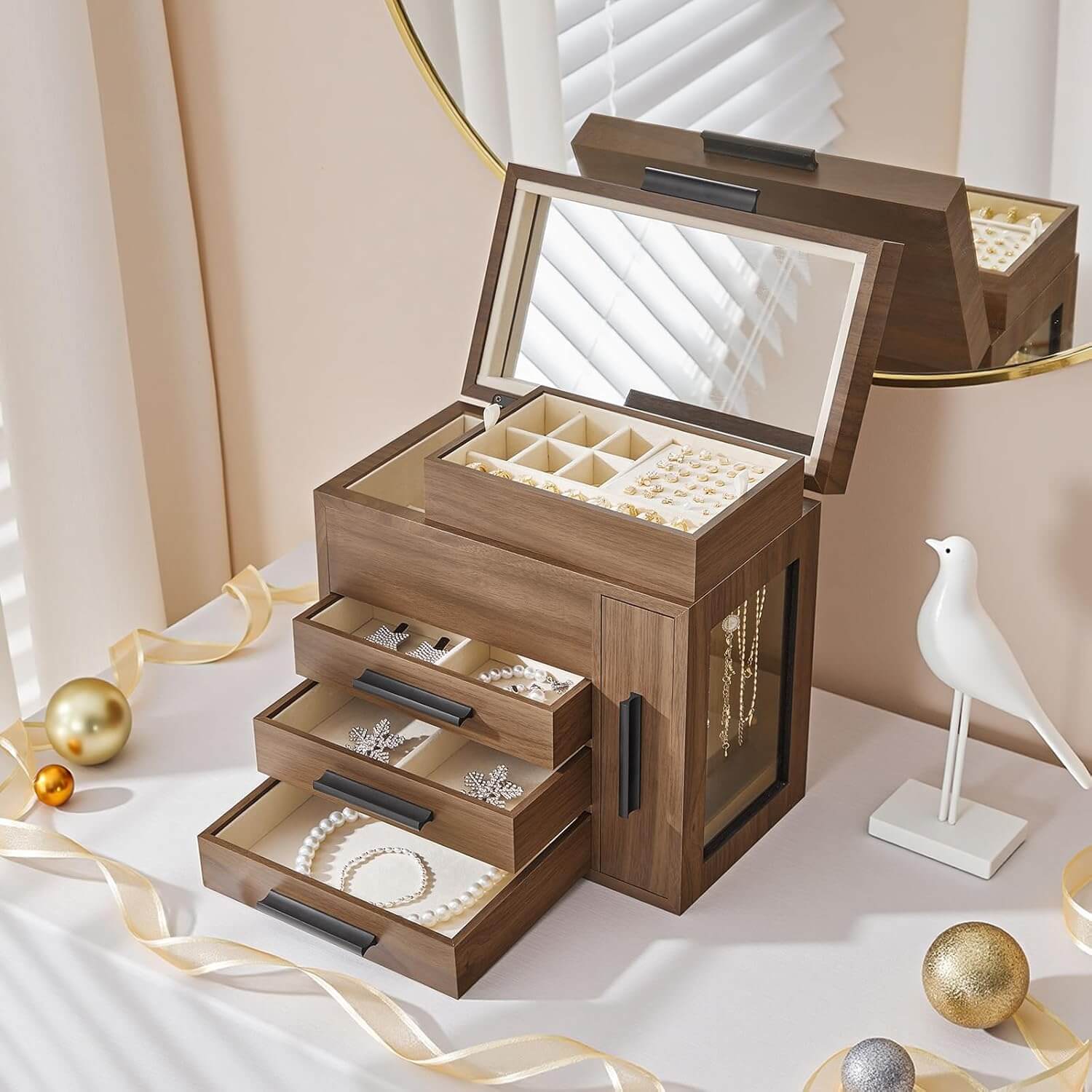 Wooden jewelry box with jewelry on a decorative surface