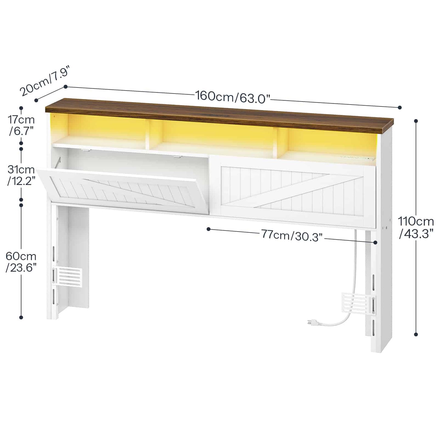 White desk with dimensions labeled on a white background