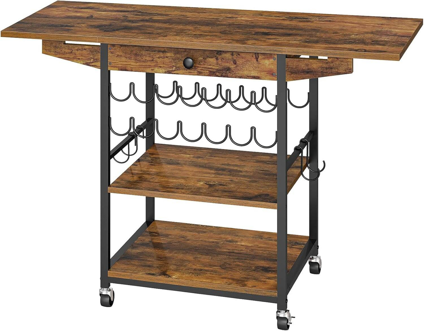Wooden kitchen island with wine rack on a white background