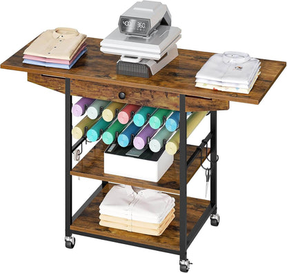 Wooden rolling cart with clothing, ironing board, and fabric rolls on a white background