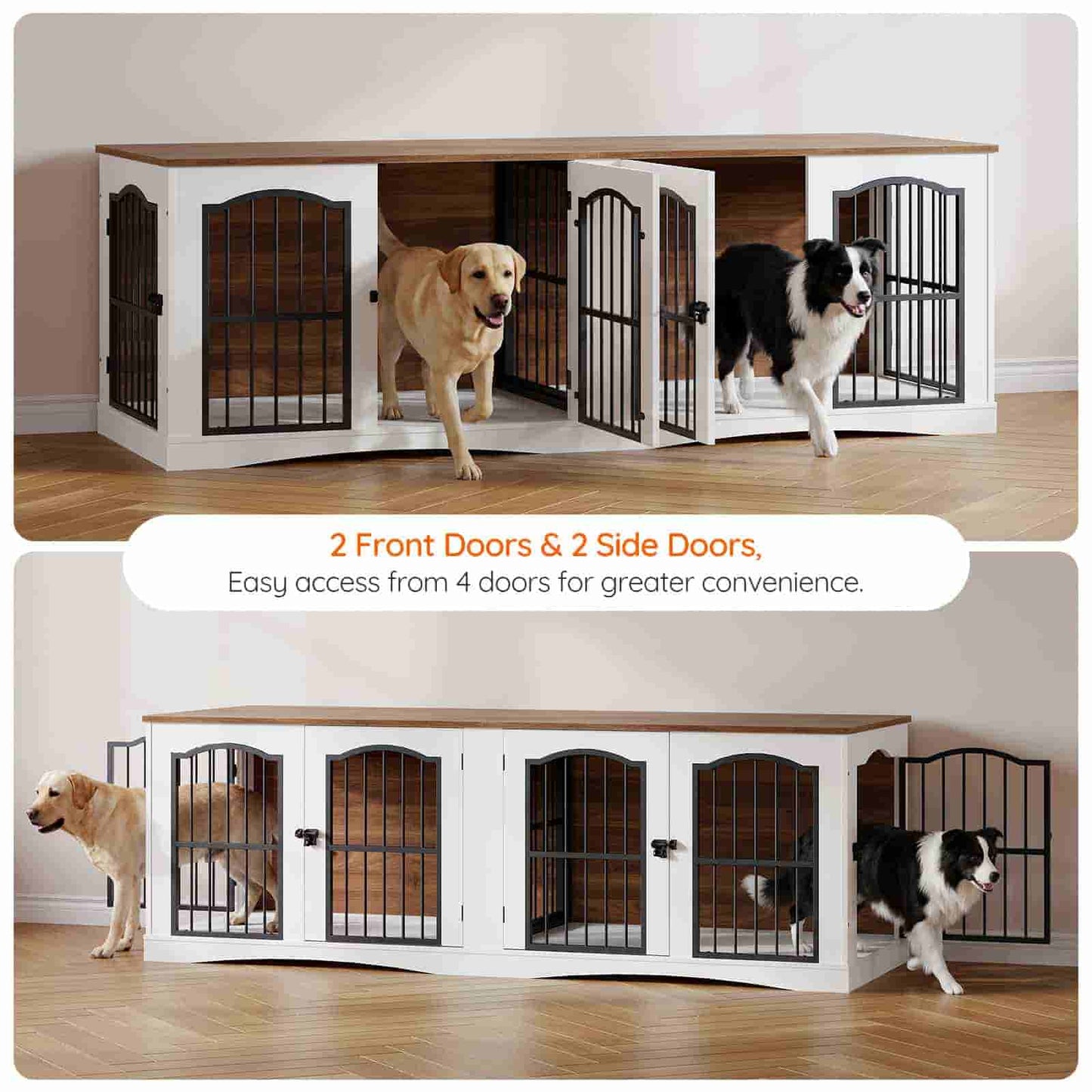 Large dog crate with multiple doors featuring two dogs inside.