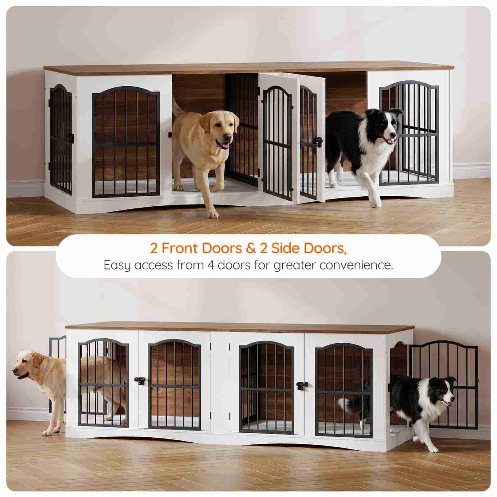 Large dog crate with multiple doors featuring two dogs inside.