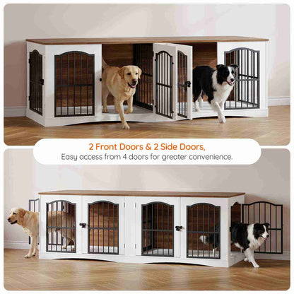Large dog crate with multiple doors featuring two dogs inside.