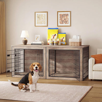 A beagle sits on a light rug in front of a wooden pet playpen with two black wire crates, set in a styled living room with a sofa, lamp, and framed art.