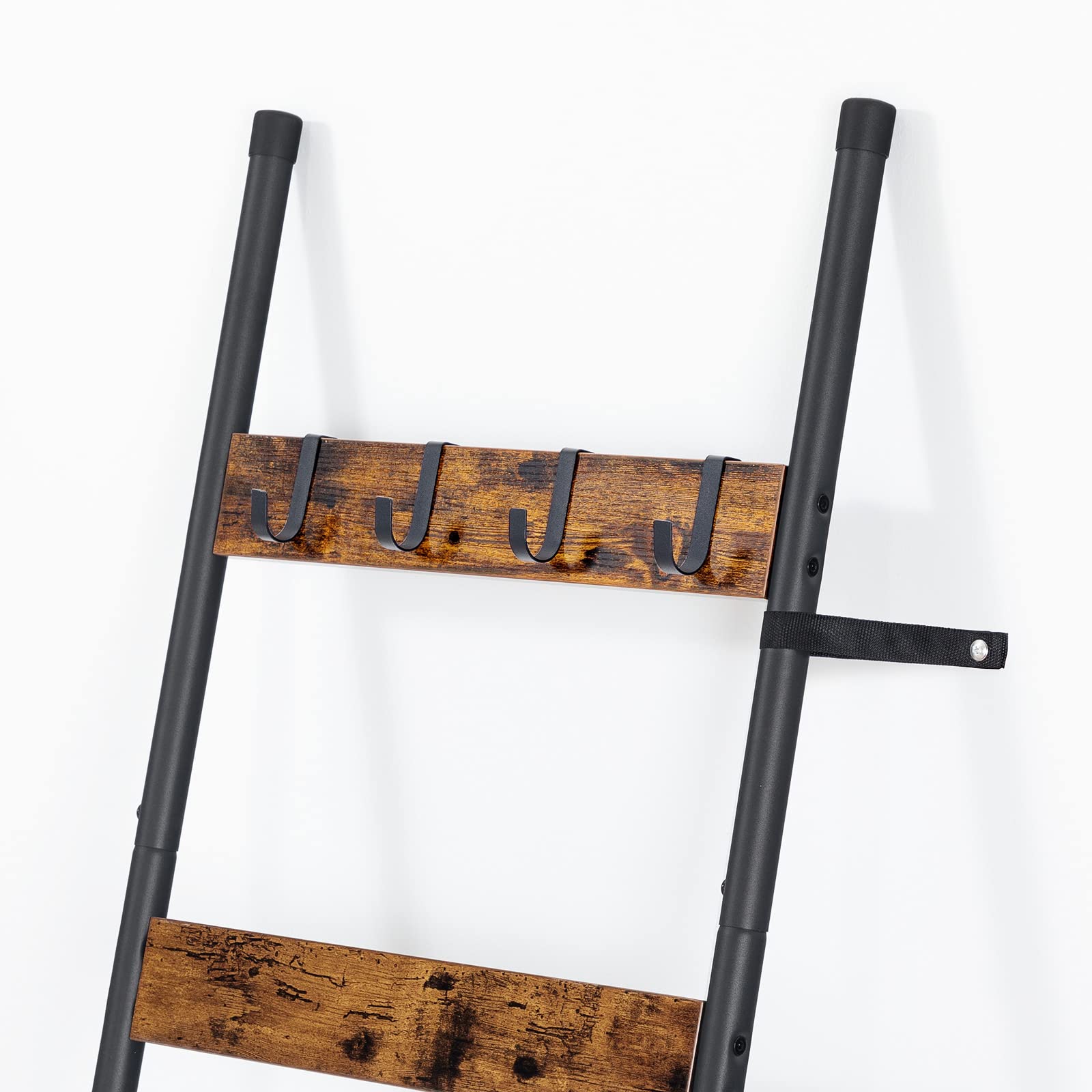 Close-up of heavy-duty removable metal hanging hooks clipped onto the top wooden rung of the ladder.