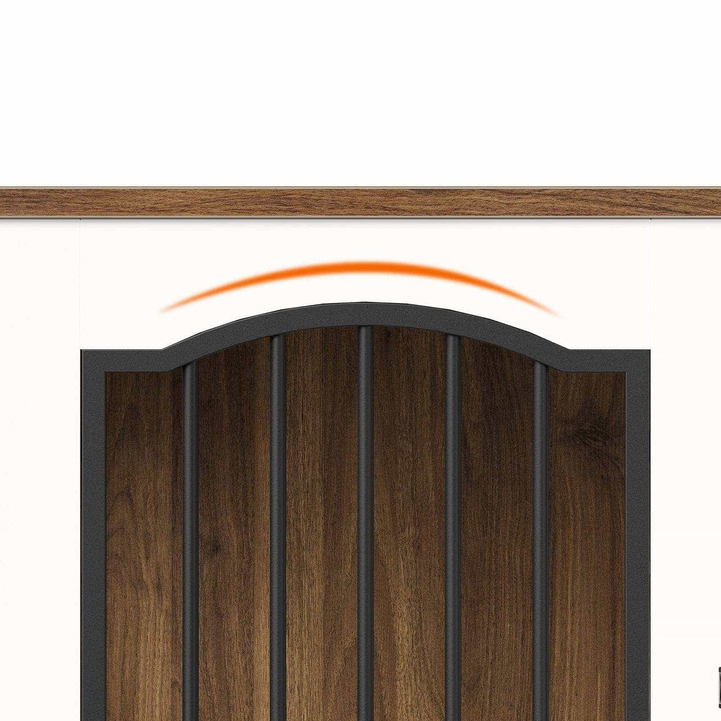 High-detail technical close-up view highlighting the heavy duty metal door hinges and elegant arched wooden frame structure.