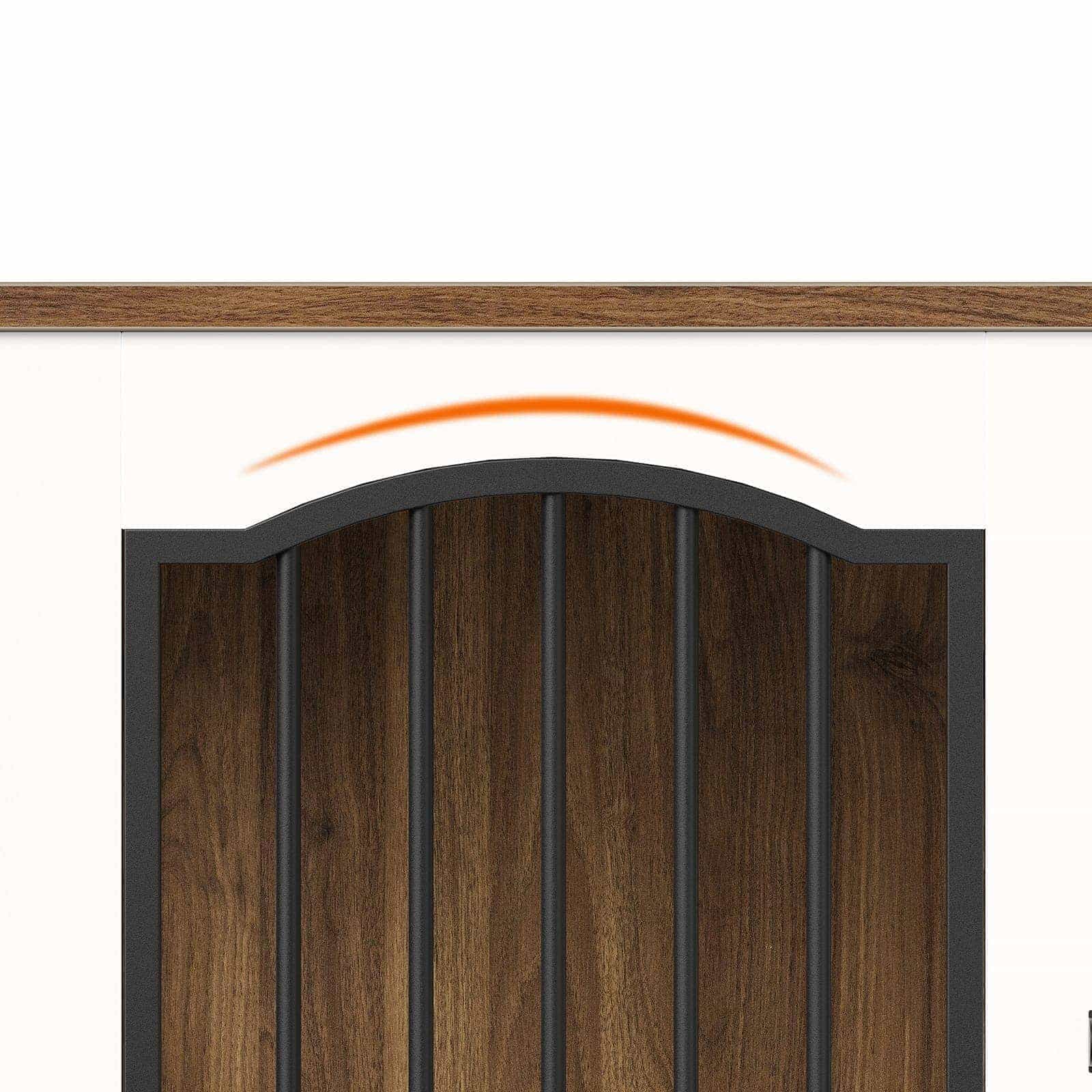High-detail technical close-up view highlighting the heavy duty metal door hinges and elegant arched wooden frame structure.
