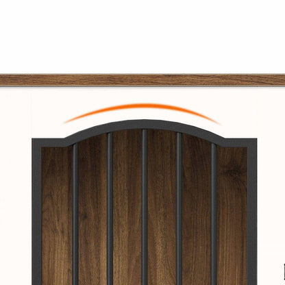High-detail technical close-up view highlighting the heavy duty metal door hinges and elegant arched wooden frame structure.