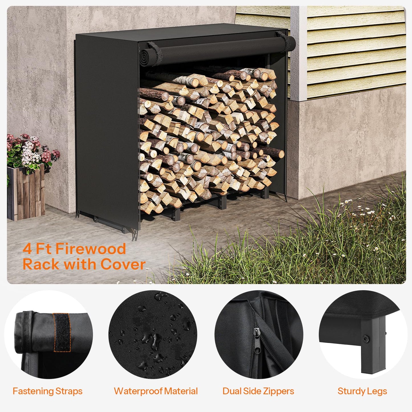 Hardware details of the heavy duty metal log holder including stable base feet and secure locking mechanism.