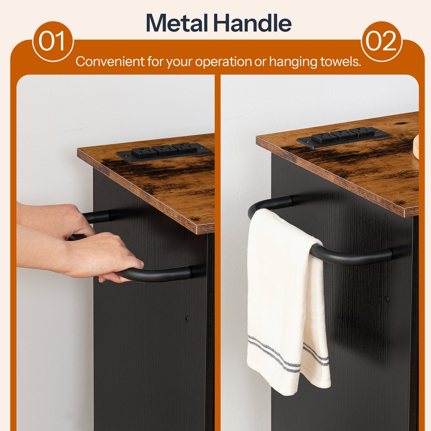 Two panel close up of the heavy duty black metal side handle that doubles as a functional kitchen towel bar.