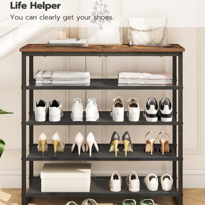 Front view of the heavy-duty oxford fabric shoe rack stand holding storage boxes and flats.