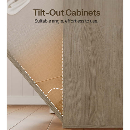 Close-up diagram highlighting the smooth heavy-duty tilt-out cabinet door hardware, hinges, and stopping chains.