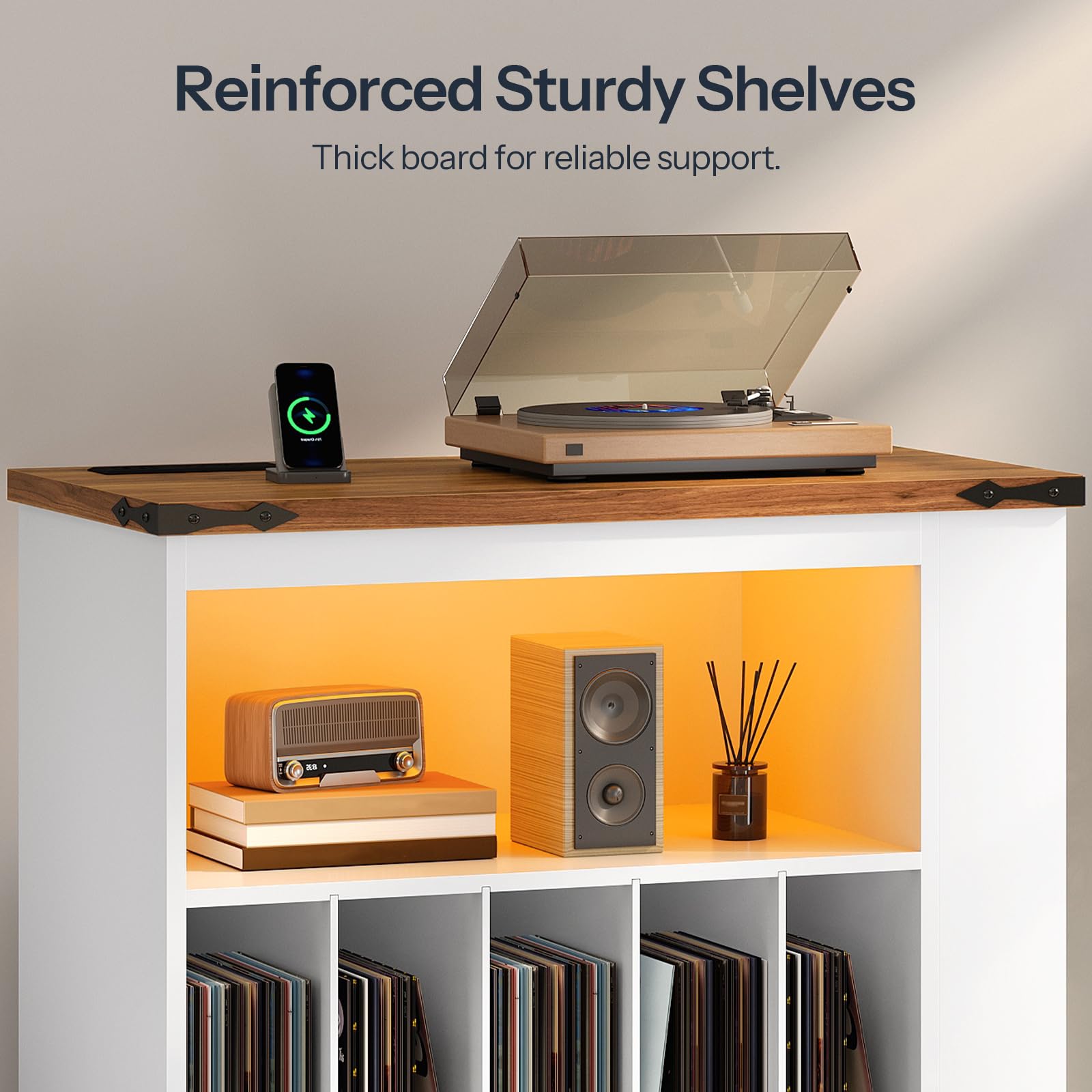 Heavy duty turntable cabinet featuring reinforced sturdy shelves holding stereo speakers under warm LED glow.
