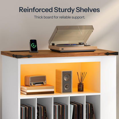 Heavy duty turntable cabinet featuring reinforced sturdy shelves holding stereo speakers under warm LED glow.