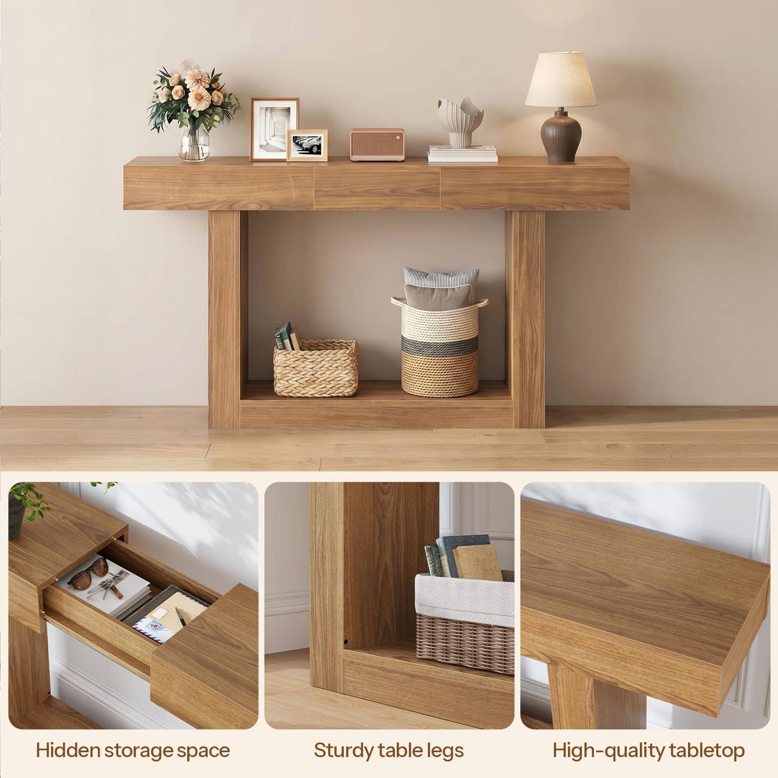 A light oak wood console table shown in a styled room setting, with decorative items on top and baskets on the open lower shelf. Three inset detail photos at the bottom highlight a hidden storage drawer, sturdy table legs, and a high-quality wood surface.